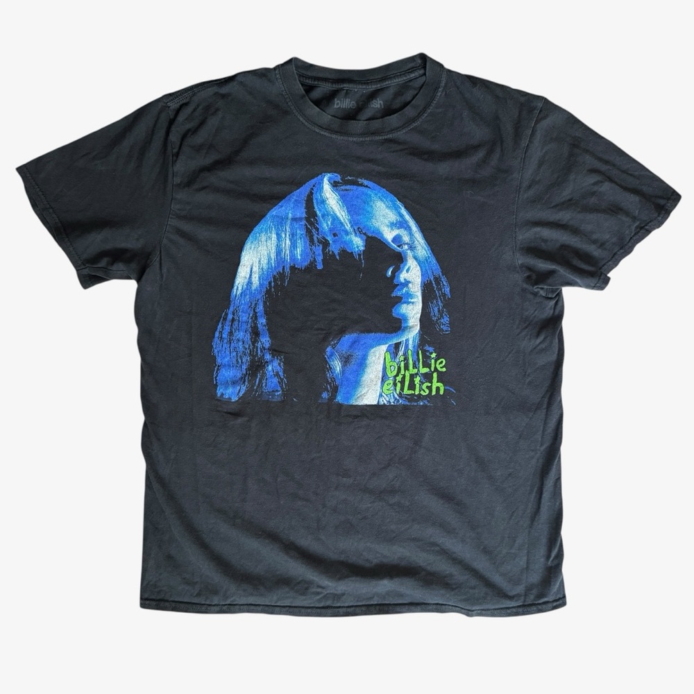 Billie Eilish Short Sleeve Crew Neck Graphic Portrait T-Shirt, Black Blue, Large